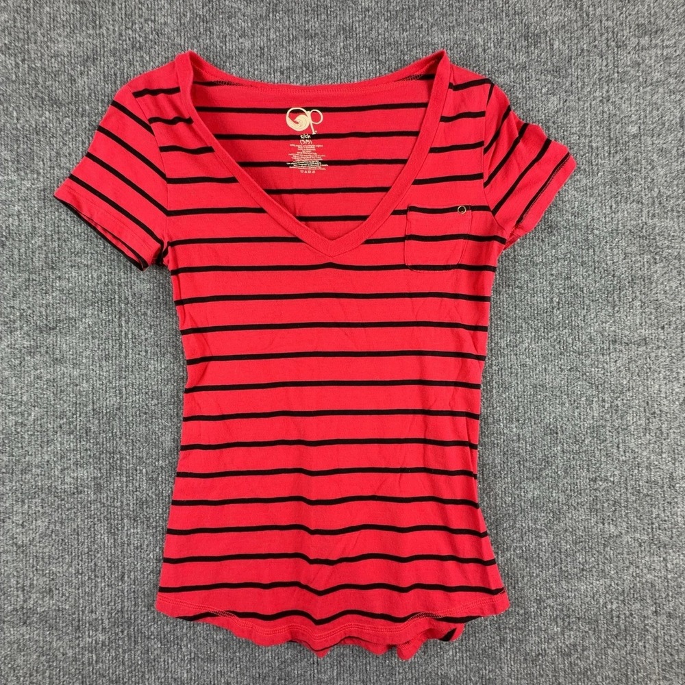 Op Shirt Womens Small Red Black Stripe V Neck Pocket Tee Cotton Top Juniors